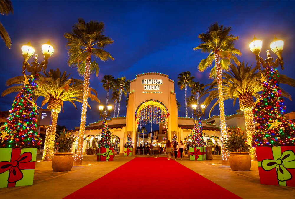 Universal Studios Custom Christmas Lighting at the entrance of the park