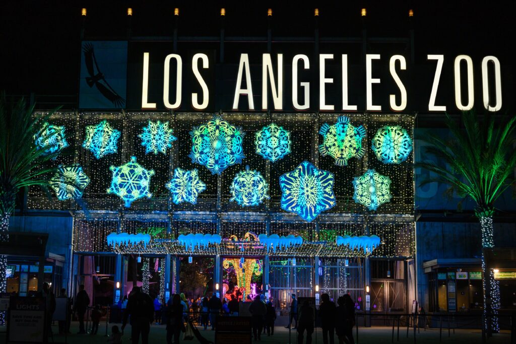 Los Angeles Zoo Lights shown at the entrance gate